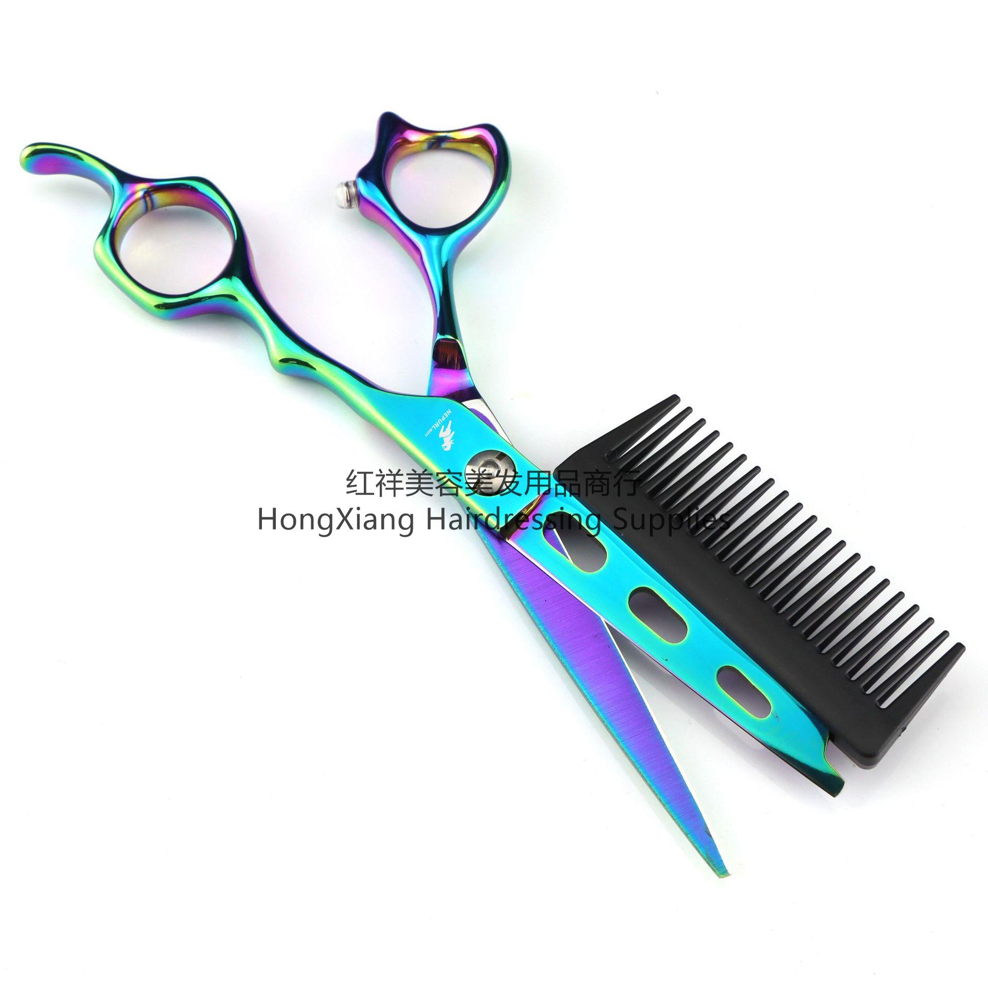 6.0 "colorful ribbon comb Hair scissors Personality hair scissors Hair scissors Flat cut bangs scissors