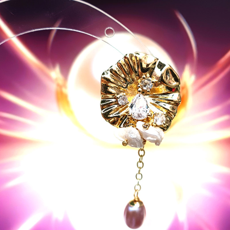 Yiwu Huibo Baodi 086032 Copper plated 14K gold rain lotus leaf Baroque pearl earrings Specification drawing
