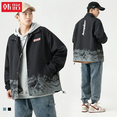 Hanlu Japanese men's clothing 2022 autumn new fashion coach clip male Ke snow mountain print loose casual coat q348 thumbnail