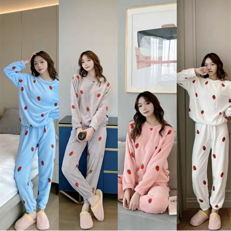 Coral velvet strawberry warm set flannel pajamas Women wear home wear autumn and winter plus velvet thickening set hair 880