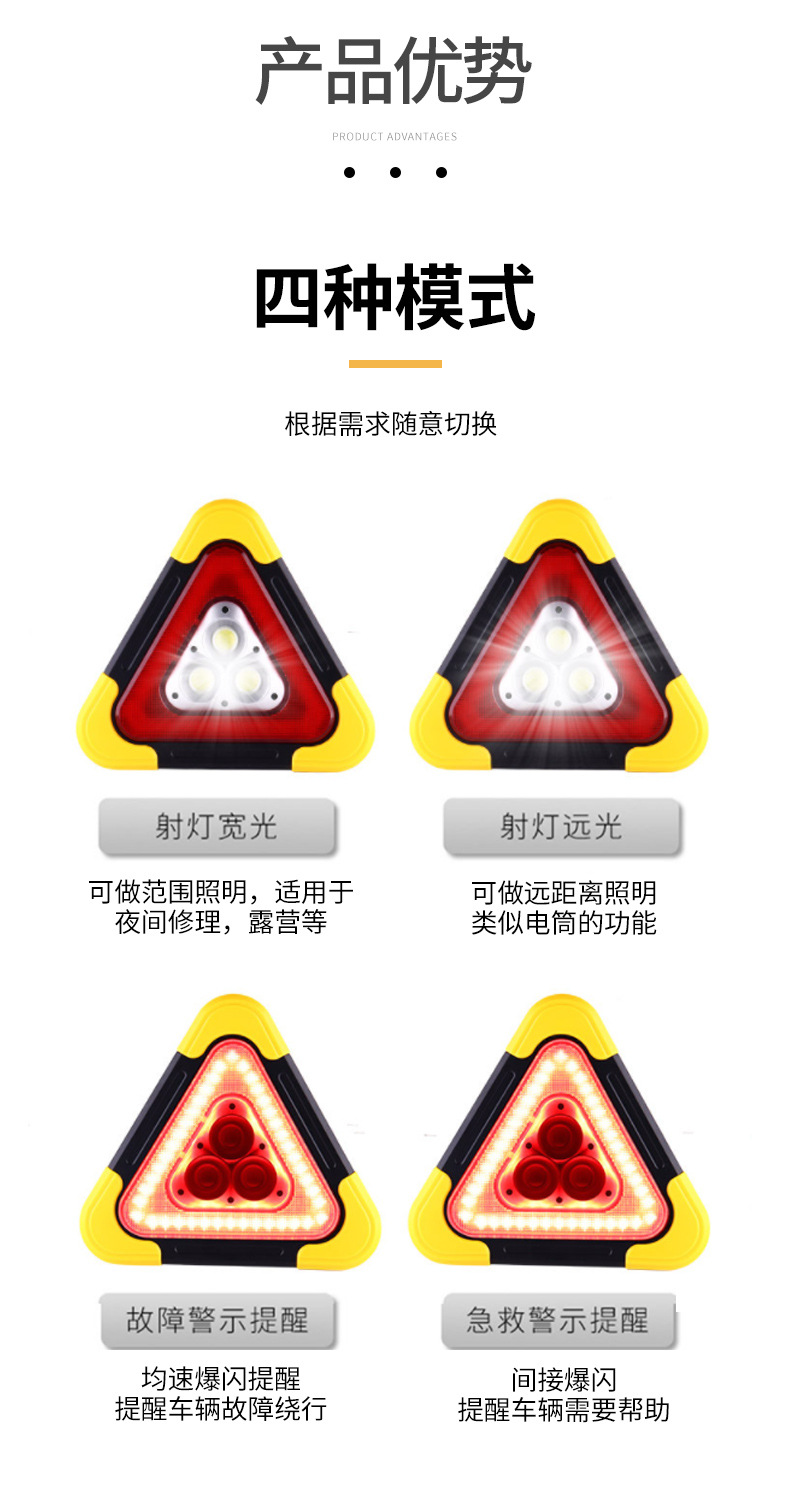 跨境三角型太阳能投光灯车载红光警示泛光灯USB充电手提COB工作灯详情1