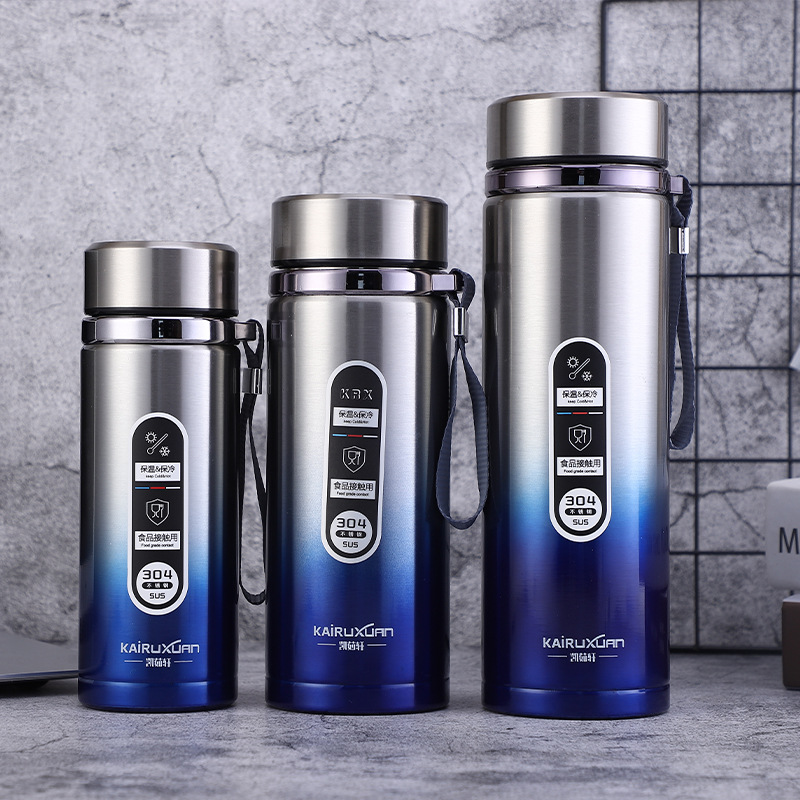 Large capacity gradual smart 304 stainless steel thermos cup Outdoor portable sling sports kettle advertising gift cup Specification drawing