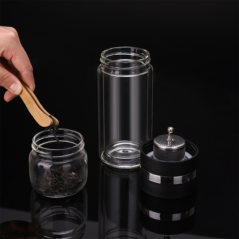 新款现货旋转式茶盖便捷式茶水分离玻璃杯商务双层泡茶玻璃水杯详情图4
