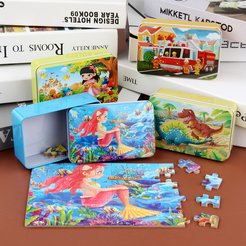 60 Pieces Of Iron Box Wooden Jigsaw Cartoon Cartoon Plane Jigsaw Puzzle For Children's Early Education Educational Toy Manufacturers Wholesale details Picture