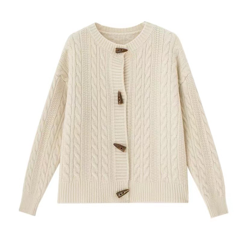 Horn button twist sweater coat women's new autumn and winter wear solid color thin round neck short knit cardigan woman Item Picture