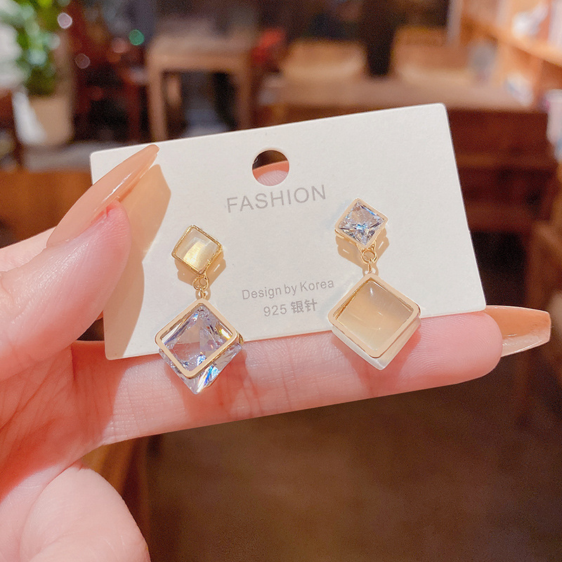 925 silver needle light luxury niche geometry cat's eye earrings female ins tide network red with exquisite big zircon earrings Application Scenario