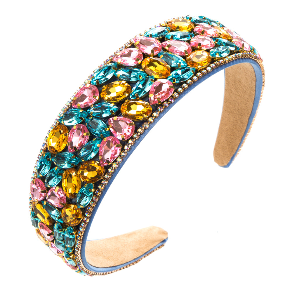 Light Blue Color Europe And The United States New Fashion Baroque Headband Female Full Of Diamond Retro Wide Edge Temperament All Dance Headband Hair Accessories Wholesale