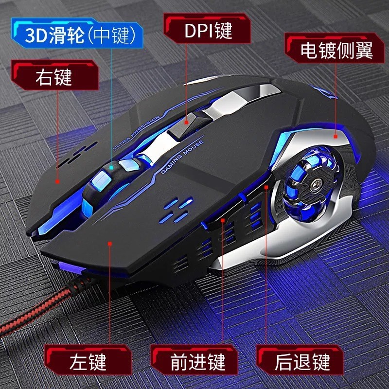 Cross-border wired gaming mouse Light up esports Mechanical Wrangler eat chicken Wireless macro programming mouse mute Specification drawing