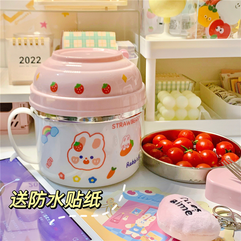 Girls heart fast food cup stainless steel foam bowl student lunch box Large dormitory bowl chopsticks set cutlery insulated lunch box full figure