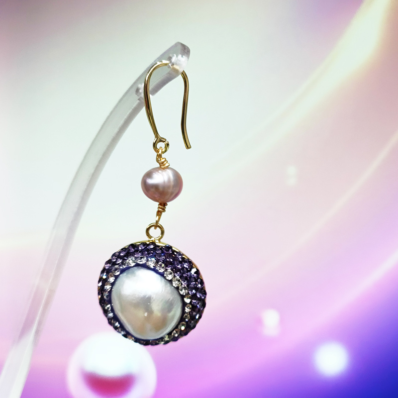 Yiwu Faber Baodi 096008 Copper plated 14K gold purple harbor style Baroque freshwater pearl earrings full figure