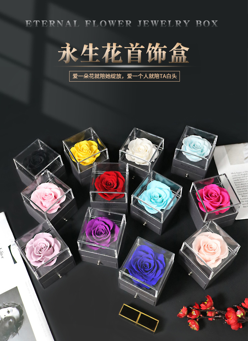 情人节玫瑰花盒高透亚克力真花礼盒母亲节情人节教师节永生玫瑰花饰品盒详情1