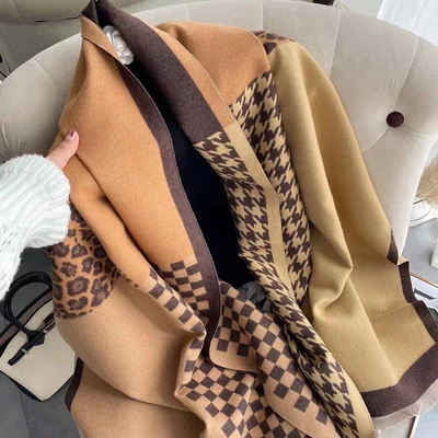 New autumn and winter splicing thickened thousand bird check imitation cashmere ins trend scarf for women in early autumn all-in-one shawls in stock thumbnail