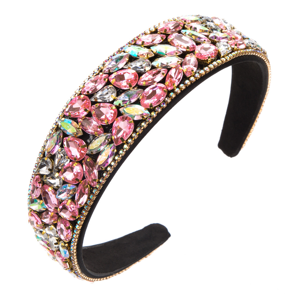 Pink Color Europe And The United States New Fashion Baroque Headband Female Full Of Diamond Retro Wide Edge Temperament All Match Ball Headband Hair Accessories Wholesale