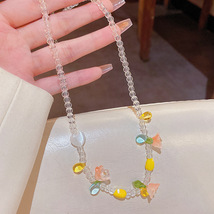 森系甜美彩色水晶玻璃串珠项链甜美可爱花朵高级感时尚锁骨链颈链