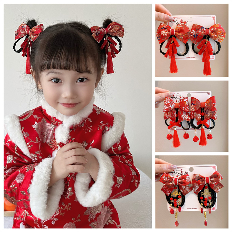 New Year hairpin, little girl, festive New Year greeting, plush hairpin, girl's bow hair accessory, baby, ancient-style Hanfu headwear, national trend series