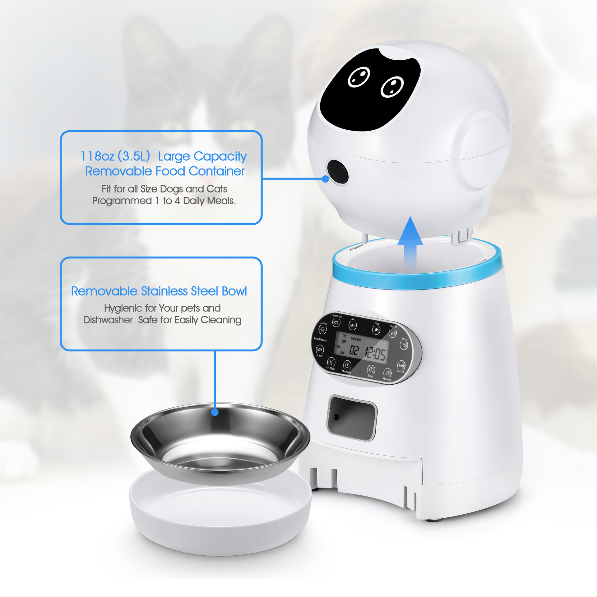 The pet intelligent feeder automatically feeds pets at regular intervals and in fixed quantities. It is a large-capacity feeding machine for dogs and cats Specification image