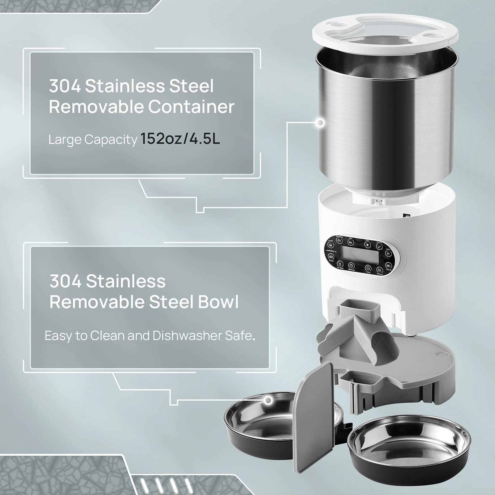 Stainless steel pet feeder, timed and quantified large-capacity automatic feeder, dual-purpose pet feeder details Picture