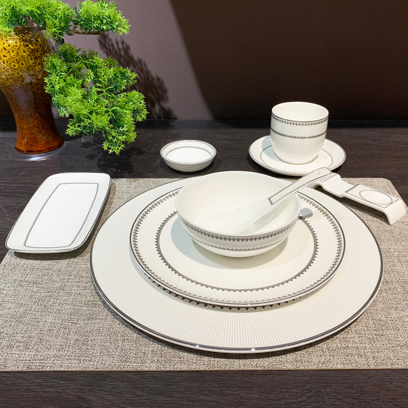 酒店用品陶瓷餐具摆台八件套银边碗碟盘勺套装饭店会所专用批发可定制logo