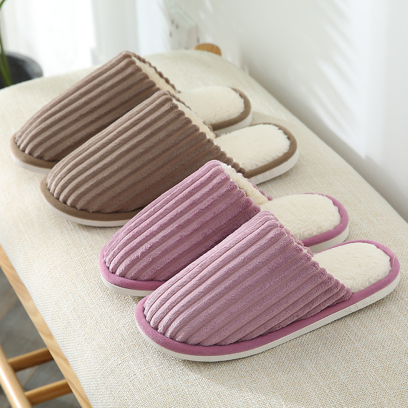 New autumn and winter women's cotton drag stripe home indoor wood floor soft bottom mute couple warm men's cotton slippers details Picture