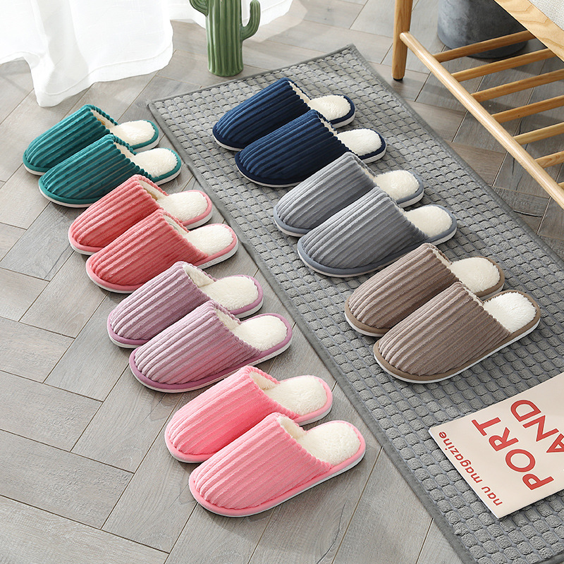 New autumn and winter women's cotton drag stripe home indoor wood floor soft bottom mute couple warm men's cotton slippers Application Scenario