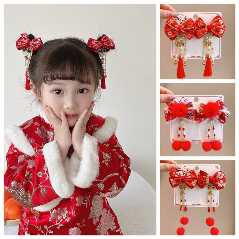 New Year hairpin, little girl, festive New Year greeting, plush hairpin, girl's bow hair accessory, baby, ancient-style Hanfu headwear, national trend series details Picture