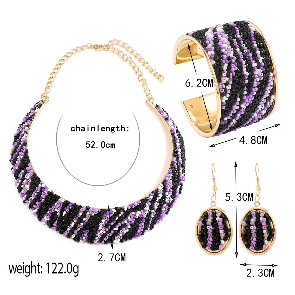 Cross-border Amazon Xiyin Pinduoduo Overseas Edition Best-selling European and American fashion trend electroplated gold inlaid glass rice bead women's metal collar, neckband and earring set Item Picture