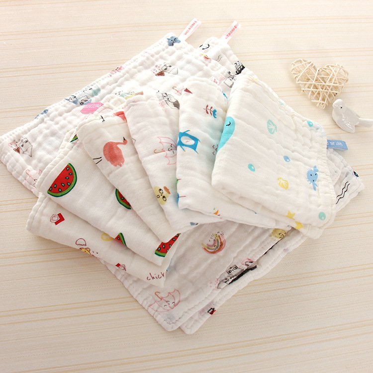 High-density cotton six-layer gauze square towel 25*25 cartoon printing absorbent soft baby garden children's towel saliva details Picture