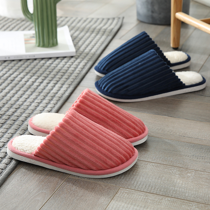 New autumn and winter women's cotton drag stripe home indoor wood floor soft bottom mute couple warm men's cotton slippers full figure