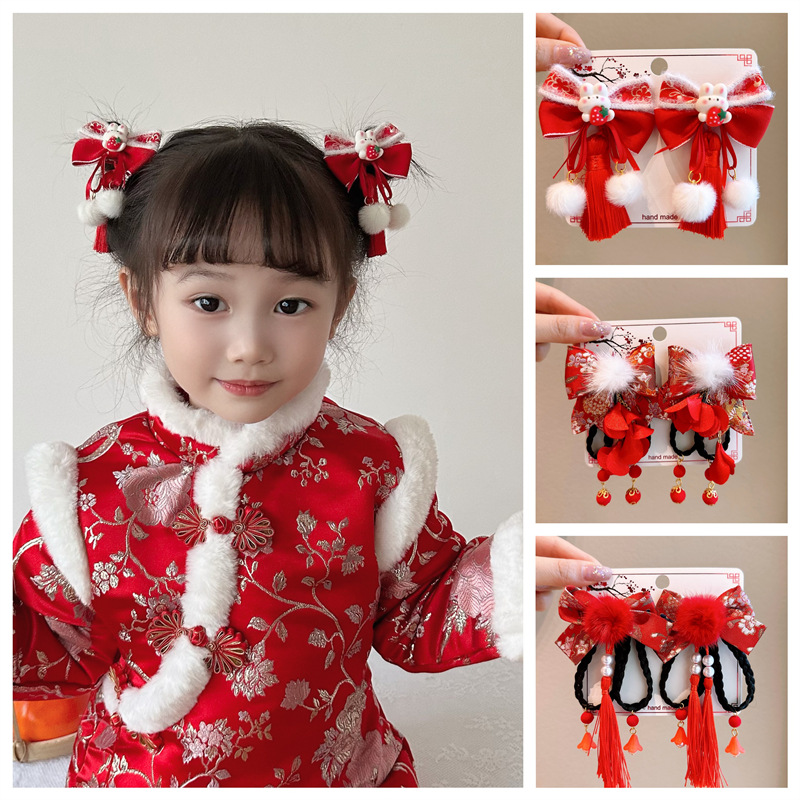 New Year hairpin, little girl, festive New Year greeting, plush hairpin, girl's bow hair accessory, baby, ancient-style Hanfu headwear, national trend series Specification image