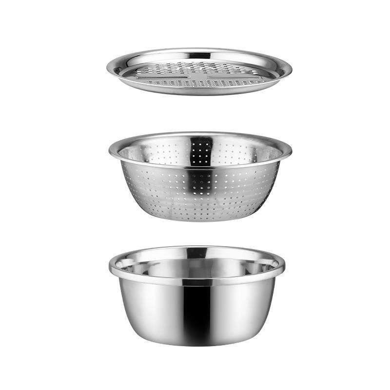 DF99382 Practical Draining Basin Three-piece Set, Stainless Steel grater Basin Three-piece set, Kitchen and Household multi-functional grater basin, drain basin, rice-washing basin, draining Basin, DF Trading House Specification image