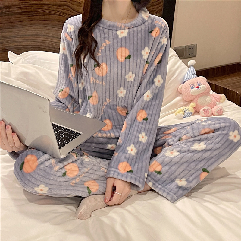 Coral velvet warm pajamas women autumn winter cartoon peach warm set home wear large size can be worn fashion full figure