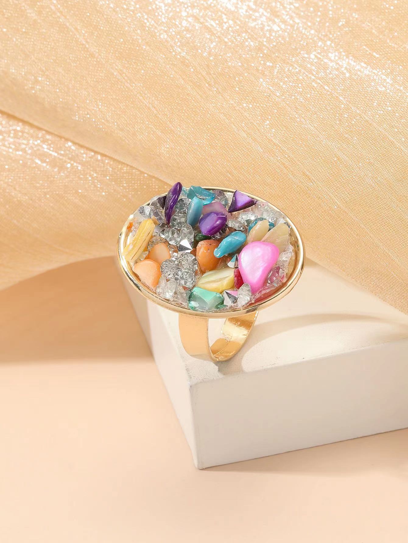 A cross-border bestseller in Europe and America, Amazon's Shein set with colorful raw stones, shining ladies' metal ring Specification image