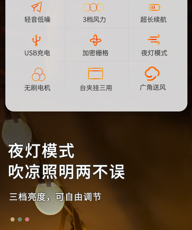 灯光风扇学生宿舍风扇吊扇家用USB三角架户外露营电风扇详情3