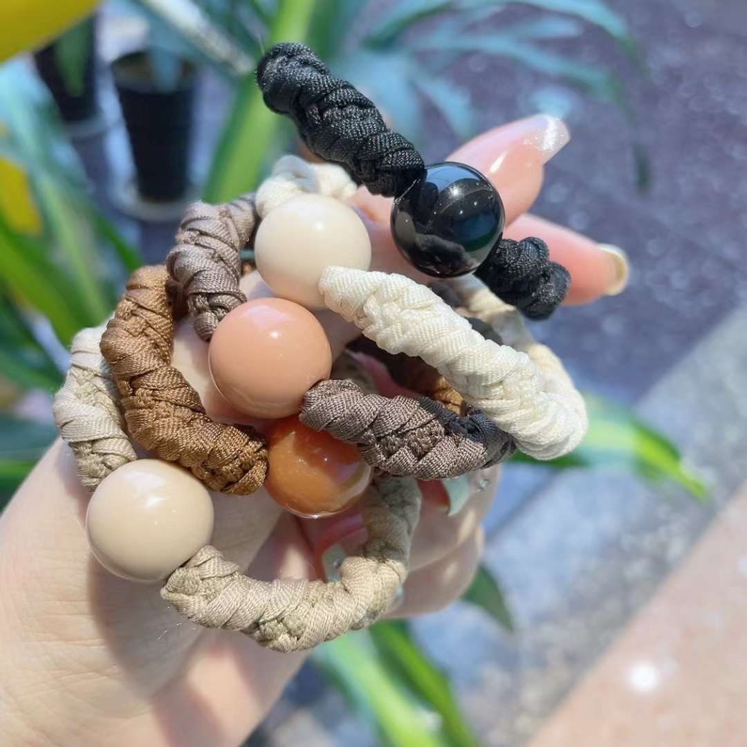 Korean version of trendy and fashionable milk tea-colored round bead hair bands, hair ties and rubber bands details Picture