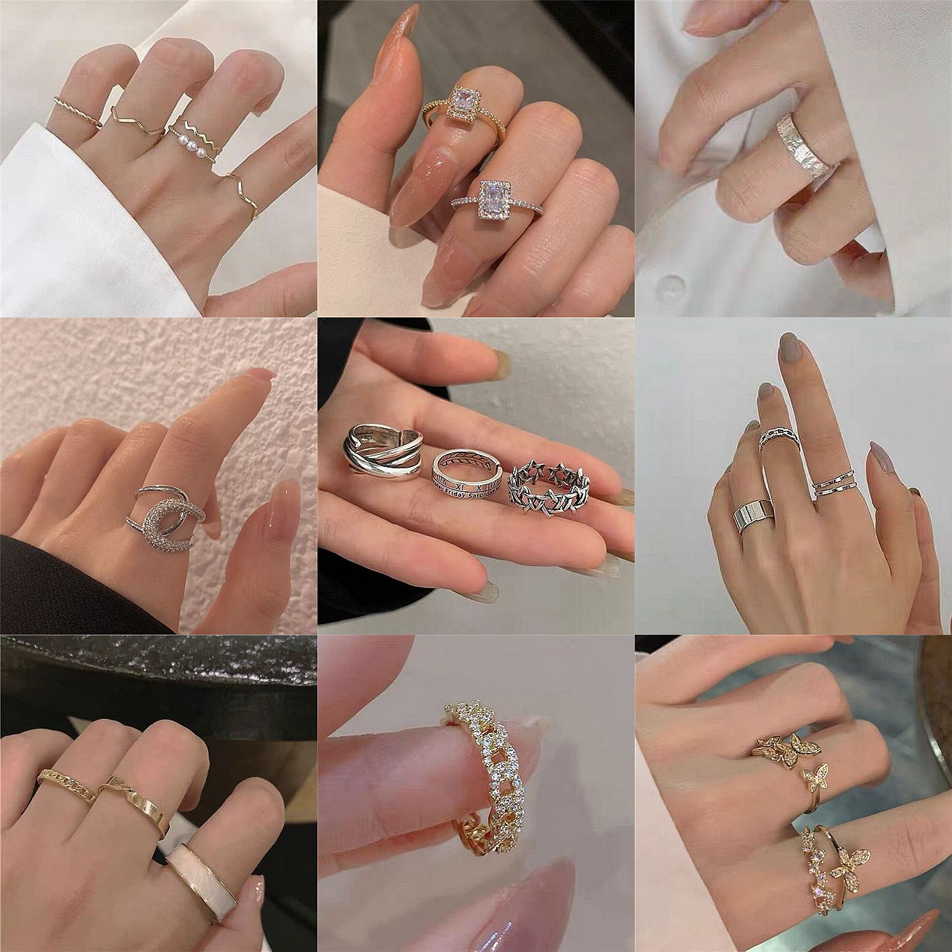 韩版设计感ins潮时尚个性轻奢小众几何形开口戒指套装食指小指戒