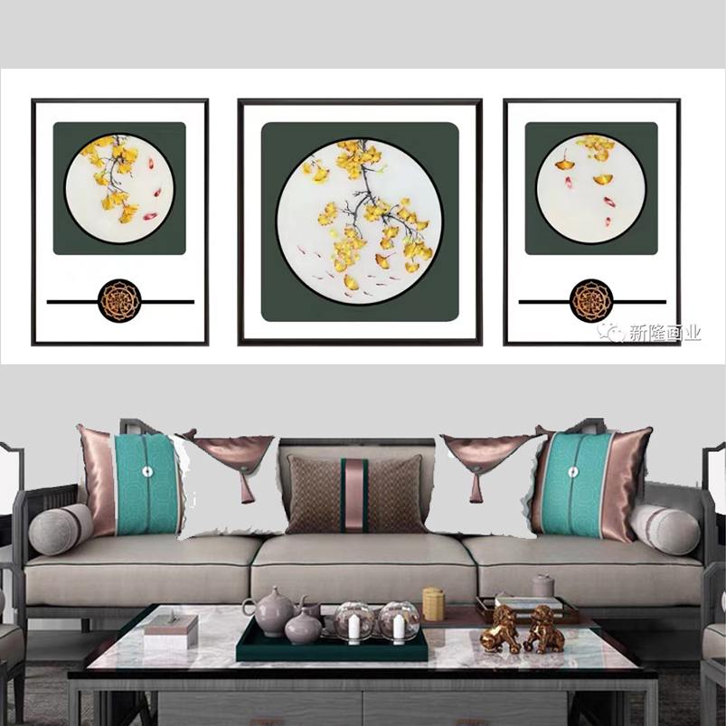 Embroidery Decorative Painting Triplet Embroidery Painting Su Embroidery Light Luxury Landscape Chinese Painting Elegant Embroidery Hanging Painting Chinese Living Room Triplet Decorative Painting Camphor Wood Semicircle Cardboard Specification drawing