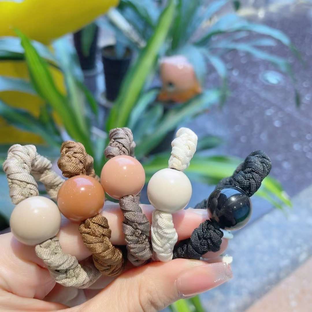 Korean version of trendy and fashionable milk tea-colored round bead hair bands, hair ties and rubber bands detail image 3