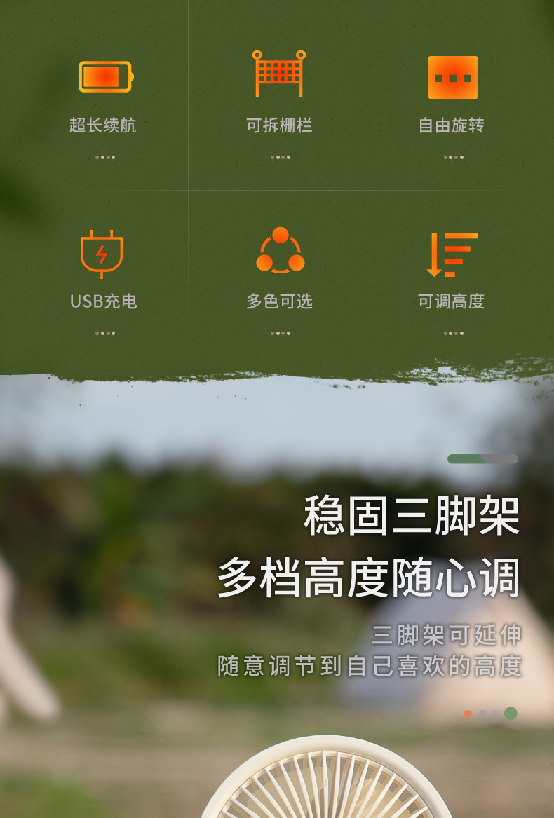 灯光露营风扇USB小风扇户外电扇三脚架桌面风扇宿舍迷你充电风扇详情3