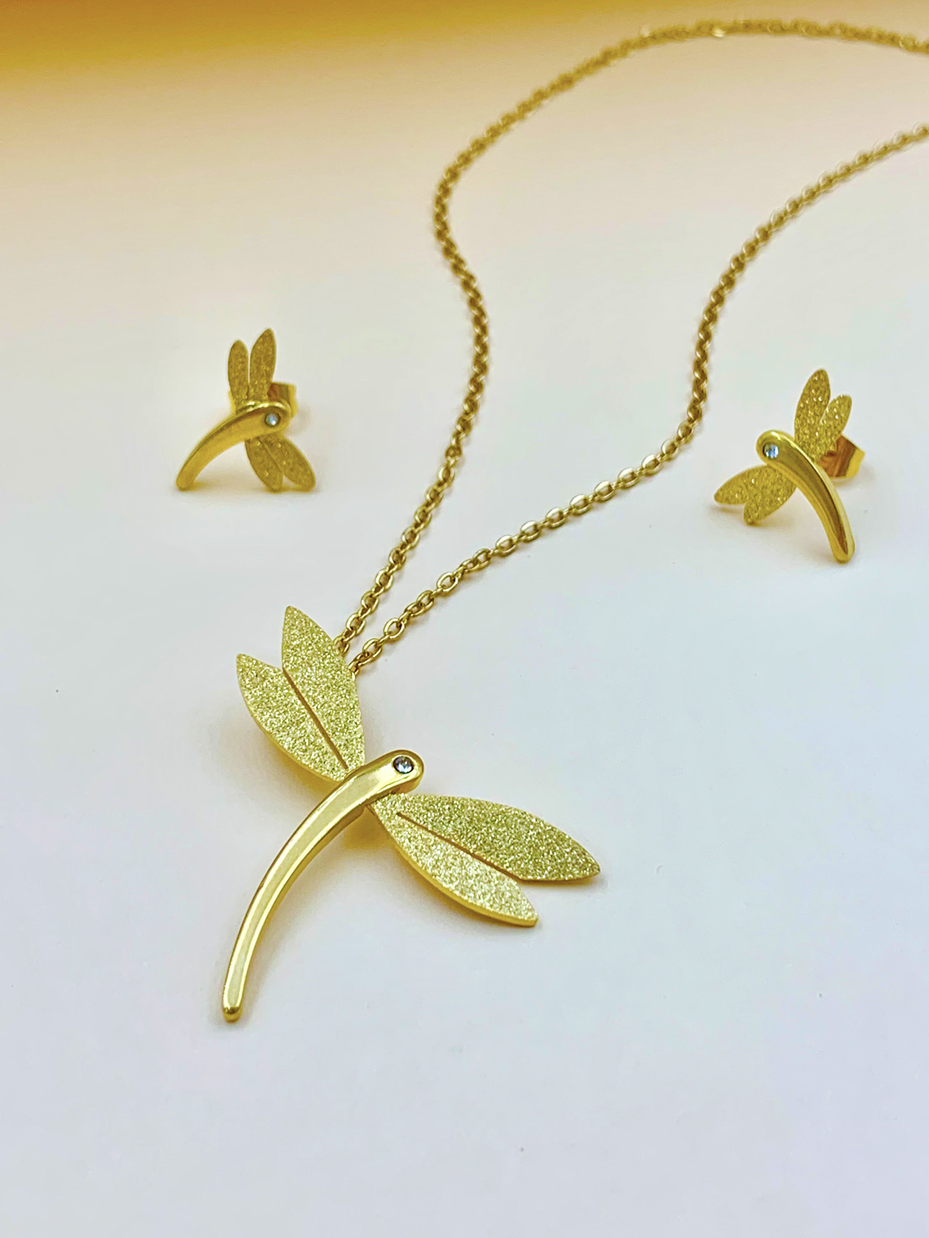 经典磨砂蜻蜓翅膀时尚吊坠项链立体蜻蜓不锈钢耳钉