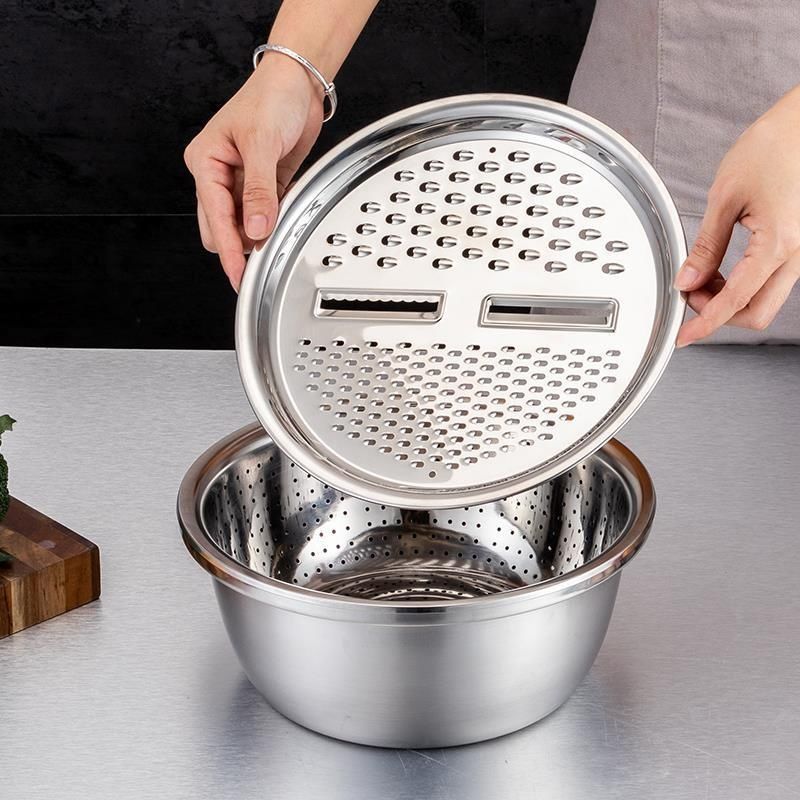 DF99382 Practical Draining Basin Three-piece Set, Stainless Steel grater Basin Three-piece set, Kitchen and Household multi-functional grater basin, drain basin, rice-washing basin, draining Basin, DF Trading House Application Scenario