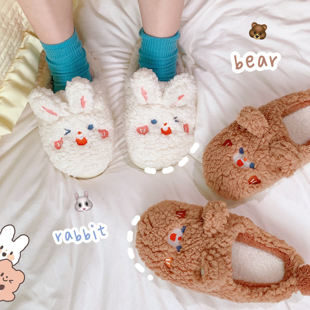 Fluffy cotton slippers female winter lovely home indoor warm cotton drag soft cute Rui Rui rabbit cartoon couple cotton shoes details Picture