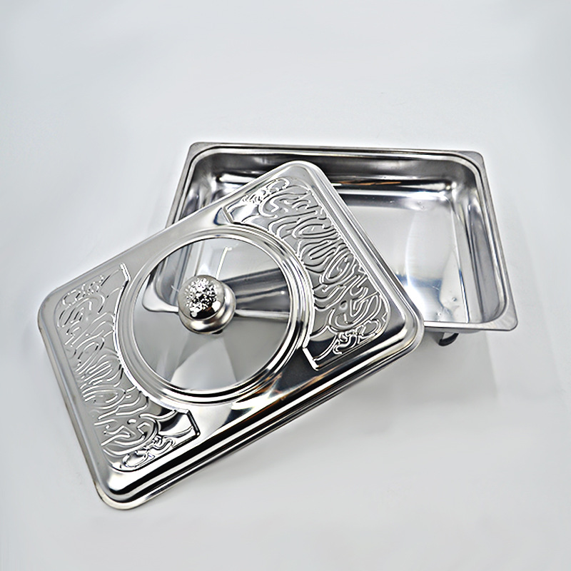 DF99202 Four-corner dining stove embossed stainless steel square four-legged dining stove Large capacity visual embossed cover glass covered dining stove Hotel restaurant buffet DF Trading House