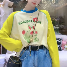 2022秋季新款韩版撞色拼接长袖T恤女宽松减龄上衣卡通时尚别致潮