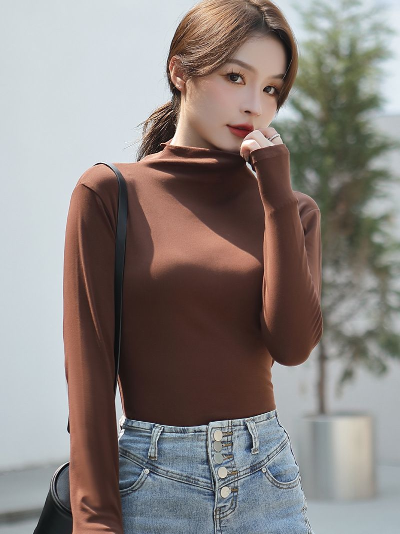 Stretch cotton base shirt women's half high neck long sleeve T-shirt in the collar foreign atmosphere with autumn clothing autumn winter 2022 autumn new Application Scenario