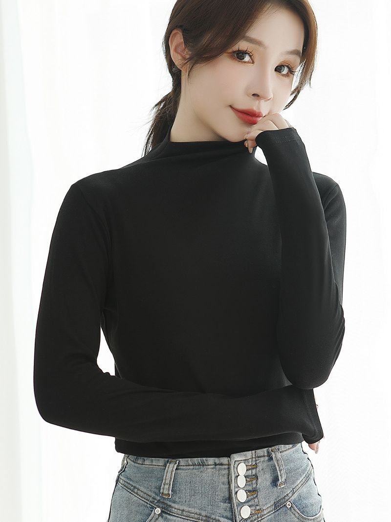 Stretch cotton base shirt women's half high neck long sleeve T-shirt in the collar foreign atmosphere with autumn clothing autumn winter 2022 autumn new details Picture