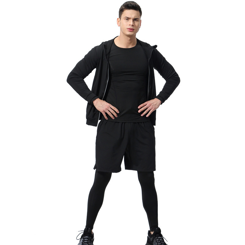 健身房运动跑步套装男透气速干健身服夜跑五件套装紧身长袖训练服详情图5