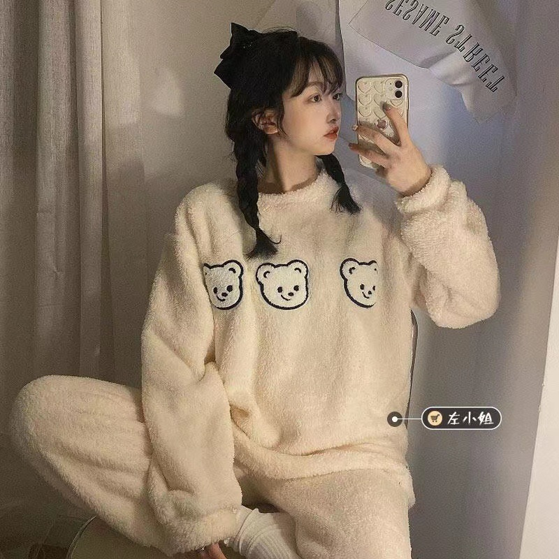 Coral velvet pajamas for women winter thickened with velvet 2021 new autumn and winter suits can be worn outside flannel home wear thumbnail