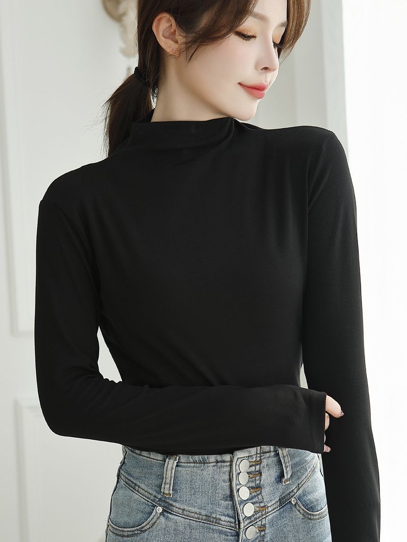 Stretch cotton base shirt women's half high neck long sleeve T-shirt in the collar foreign atmosphere with autumn clothing autumn winter 2022 autumn new Specification drawing
