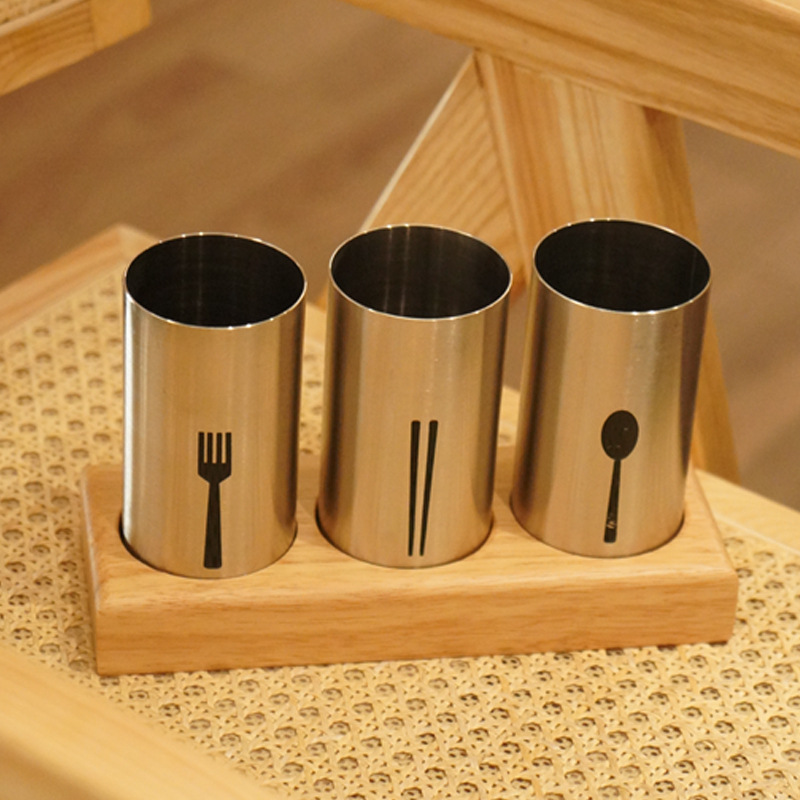 木座三孔/筷子筒/不锈钢/木座/木架筷子筒/收纳筒/创意厨房/沥水餐具套装/DF TRADING HOUSE细节图