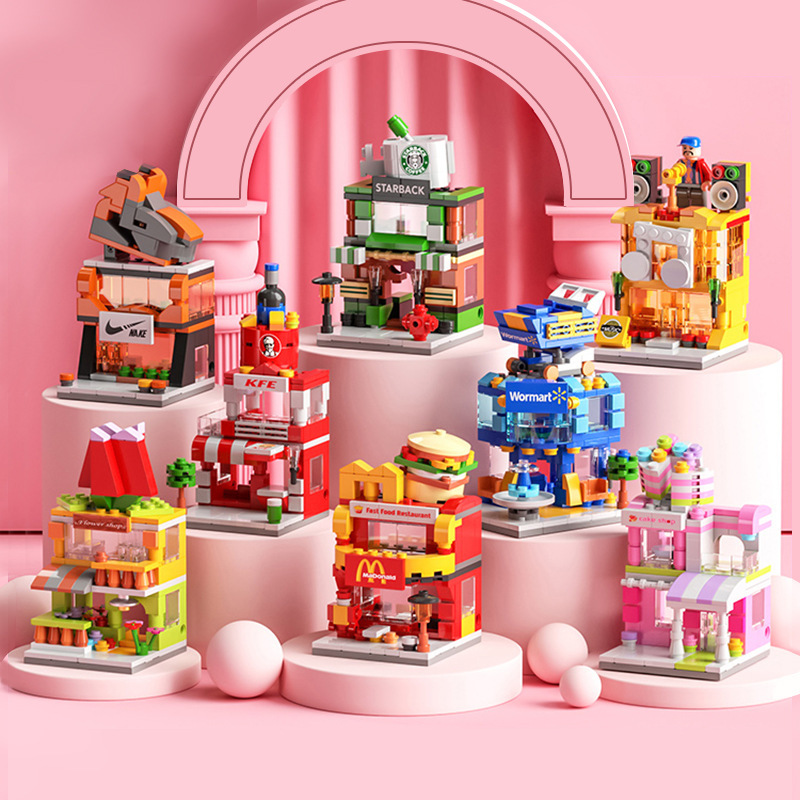 Compatible LEGO granule building blocks mini city street view children's educational enlightenment stall toys cross-border wholesale full figure